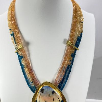 18K Gold Enamel Bat Theme Pendant Necklace with Tourmaline Beads
