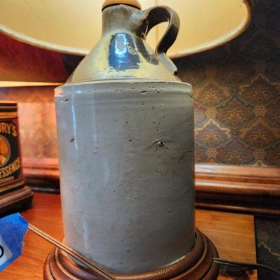 2 Table Lamps Stoneware Crock Jug, Cadbury's Cocoa can