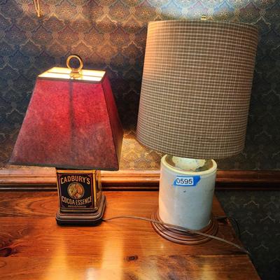 2 Table Lamps Stoneware Crock Jug, Cadbury's Cocoa can