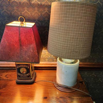 2 Table Lamps Stoneware Crock Jug, Cadbury's Cocoa can