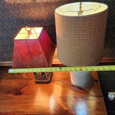 2 Table Lamps Stoneware Crock Jug, Cadbury's Cocoa can