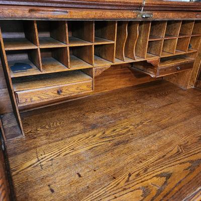 Antique 1800's Roll Top Oak Desk and Chair from PA. Hotel
