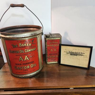 Lot of 3 The Baker Castor Oil Company Collectibles 2 Oil Cans 1 Bill of Sale