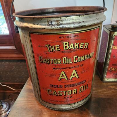 Lot of 3 The Baker Castor Oil Company Collectibles 2 Oil Cans 1 Bill of Sale