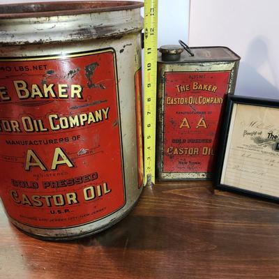 Lot of 3 The Baker Castor Oil Company Collectibles 2 Oil Cans 1 Bill of Sale