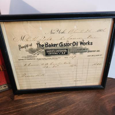Lot of 3 The Baker Castor Oil Company Collectibles 2 Oil Cans 1 Bill of Sale