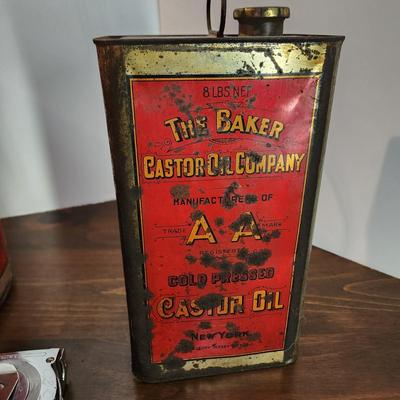 Lot of 3 The Baker Castor Oil Company Collectibles 2 Oil Cans 1 Bill of Sale