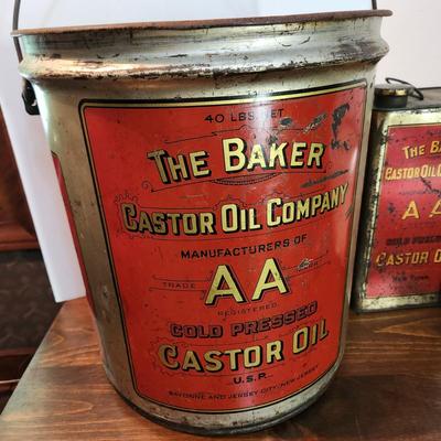 Lot of 3 The Baker Castor Oil Company Collectibles 2 Oil Cans 1 Bill of Sale