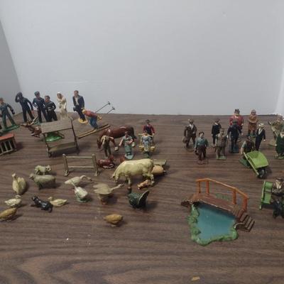 Large Collection of Vintage Small Scale Model Metal/Lead Figures, Animals, and Structures Made in USA, England and France