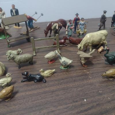 Large Collection of Vintage Small Scale Model Metal/Lead Figures, Animals, and Structures Made in USA, England and France