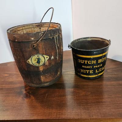 2 Vintage Dutch Boy Paint National Lead Co. Pails 1 Wood 1 Metal