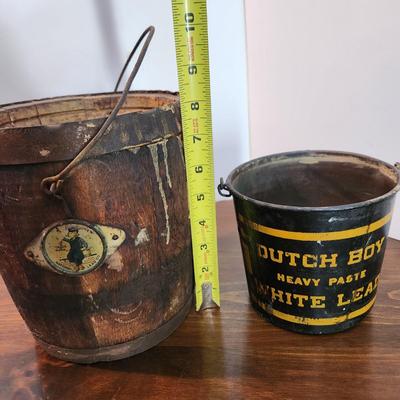 2 Vintage Dutch Boy Paint National Lead Co. Pails 1 Wood 1 Metal