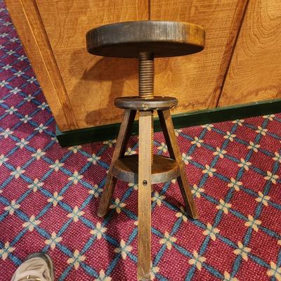 Vintage Solid Wood Round Adjustable Swivel Stool 18" to 24" Height