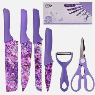 10 Units - 6pc Lilac Floral Kitchen Knife Set – Chef, Bread, Utility, Paring, Peeler & Scis