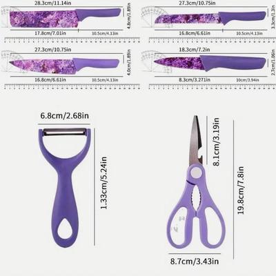 10 Units - 6pc Lilac Floral Kitchen Knife Set – Chef, Bread, Utility, Paring, Peeler & Scis
