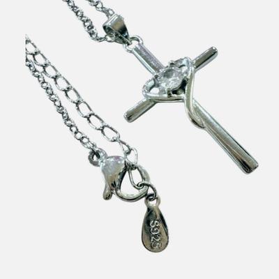 5 Units - 925 Sterling Silver Jesus Cross Pendant Necklace w/Round Cut Quartz Center Stone