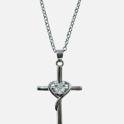 5 Units - 925 Sterling Silver Jesus Cross Pendant Necklace w/Round Cut Quartz Center Stone