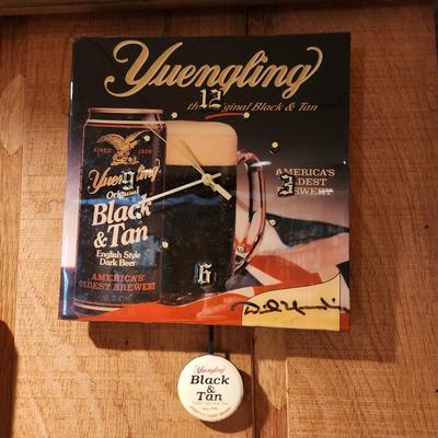 Yuengling Black & Tan Clock Signed by Dick Yuengling + Metal Tray Man Cave Decor Barware