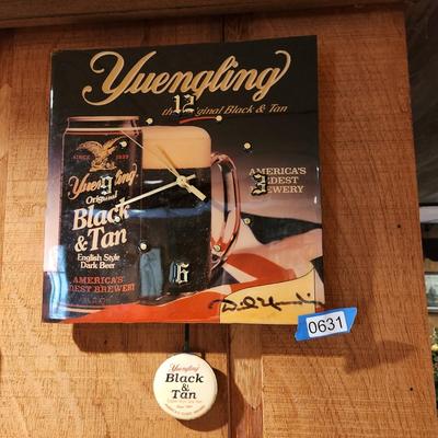 Yuengling Black & Tan Clock Signed by Dick Yuengling + Metal Tray Man Cave Decor Barware