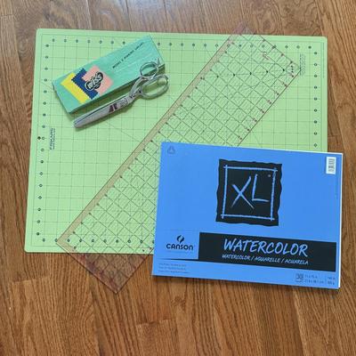 LOT 152L: Fiskars 24 x 6 inch Acrylic Ruler, Fiskars 24 x 18 inch Cutting Mat, XL Watercolor Paper Pad & Vintage Wiss Model C Pinking...