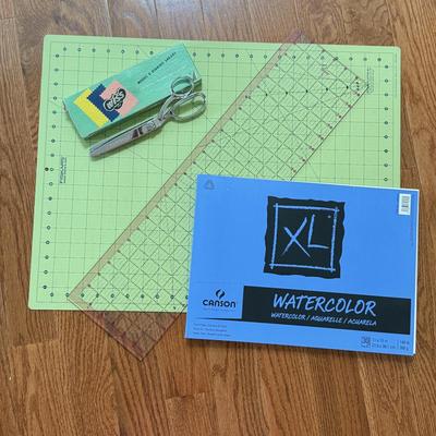 LOT 152L: Fiskars 24 x 6 inch Acrylic Ruler, Fiskars 24 x 18 inch Cutting Mat, XL Watercolor Paper Pad & Vintage Wiss Model C Pinking...