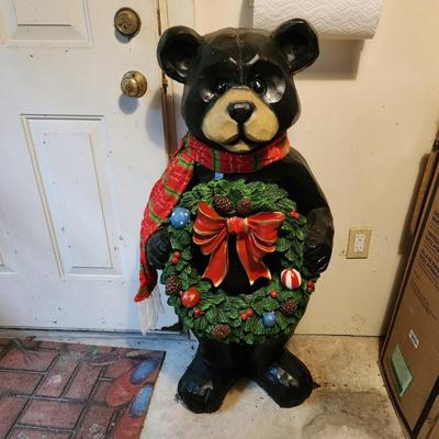 Large Resin Black Bear w Christmas Wreath 43" tall