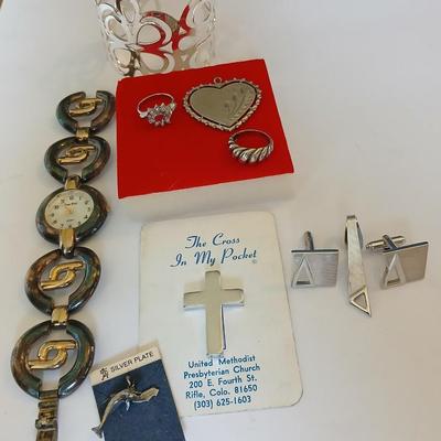 Mixed Vintage Silver-Tone Jewelry & Accessory Lot – Watches, Rings, Cross, Cufflinks & More