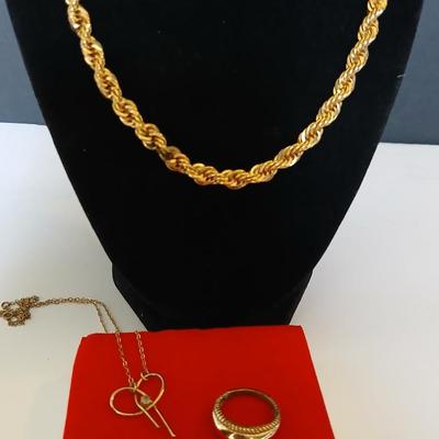 Vintage Gold-Tone Jewelry Lot – Rope Chain, Key Pendant, Band Ring & Geometric Clip-On Earrings