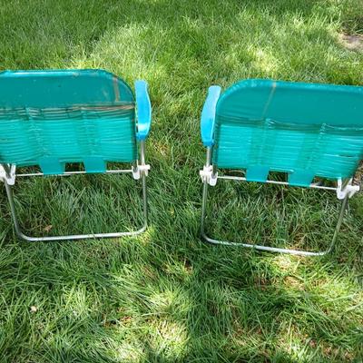 Pair of Vintage Children's Webbed Folding Lawn Chairs – Teal with Aluminum Frame - tiny chairs!