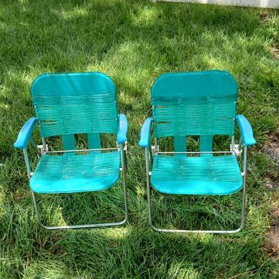 Pair of Vintage Children's Webbed Folding Lawn Chairs – Teal with Aluminum Frame - tiny chairs!