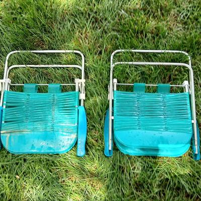 Pair of Vintage Children's Webbed Folding Lawn Chairs – Teal with Aluminum Frame - tiny chairs!
