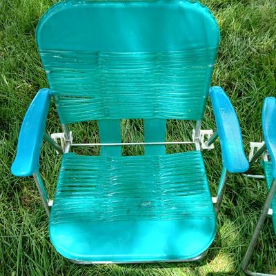 Pair of Vintage Children's Webbed Folding Lawn Chairs – Teal with Aluminum Frame - tiny chairs!