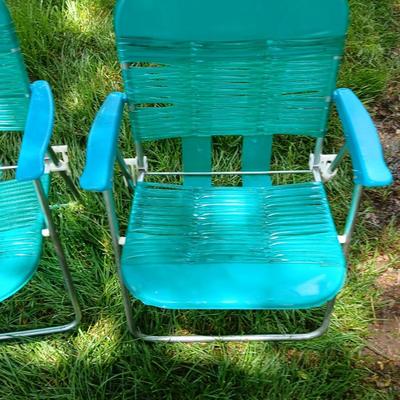 Pair of Vintage Children's Webbed Folding Lawn Chairs – Teal with Aluminum Frame - tiny chairs!