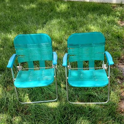 Pair of Vintage Children's Webbed Folding Lawn Chairs – Teal with Aluminum Frame - tiny chairs!