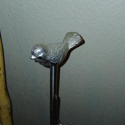 Rustic Walking Stick & Decorative Bird-Topped Hook Stand