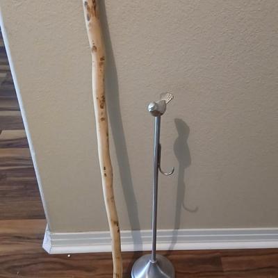 Rustic Walking Stick & Decorative Bird-Topped Hook Stand