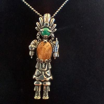 Carolyn Pollack Relios Sterling Silver Gemstone Kachina Pendant Turquoise & Spiny Oyster Inlay