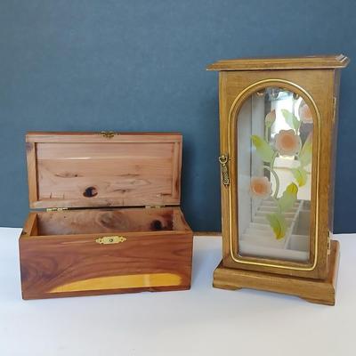 Lot of 2 Vintage Wooden Jewelry Boxes – Cedar & Glass Door Armoire