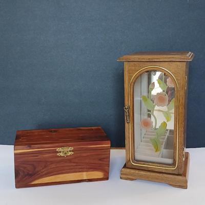 Lot of 2 Vintage Wooden Jewelry Boxes – Cedar & Glass Door Armoire