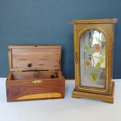 Lot of 2 Vintage Wooden Jewelry Boxes – Cedar & Glass Door Armoire