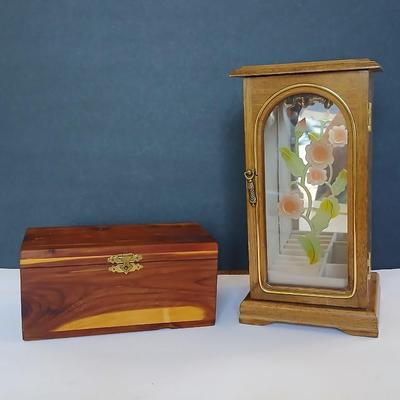 Lot of 2 Vintage Wooden Jewelry Boxes – Cedar & Glass Door Armoire