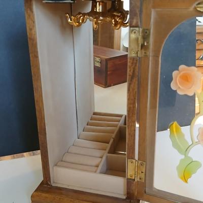 Lot of 2 Vintage Wooden Jewelry Boxes – Cedar & Glass Door Armoire