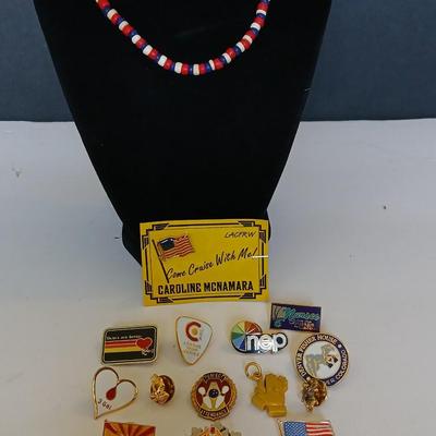 Lot of Enamel Lapel Pins + and an American red, white and blue necklace Just in time for the 4th of July!