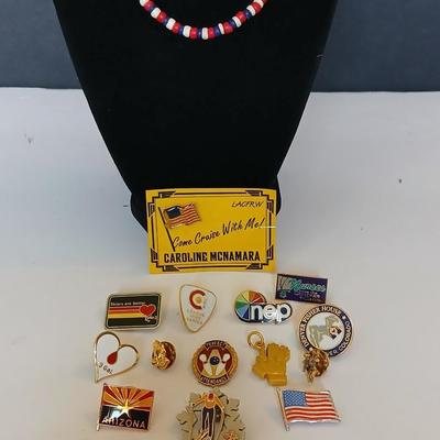 Lot of Enamel Lapel Pins + and an American red, white and blue necklace Just in time for the 4th of July!