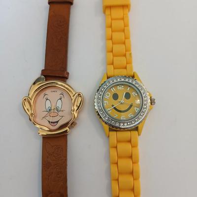 Lot of 2 Fun Watches – Vintage Disney Timex Dopey & Yellow Smiley Face with Crystal Accent
