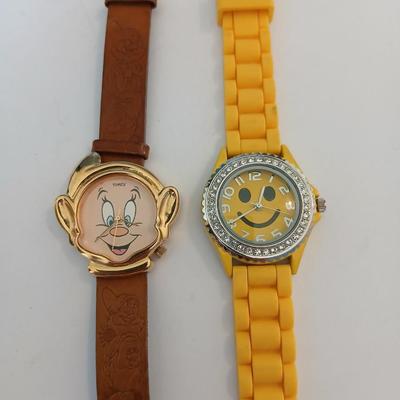Lot of 2 Fun Watches – Vintage Disney Timex Dopey & Yellow Smiley Face with Crystal Accent