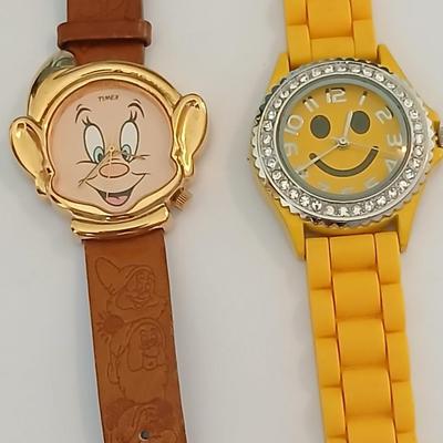 Lot of 2 Fun Watches – Vintage Disney Timex Dopey & Yellow Smiley Face with Crystal Accent
