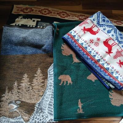 4 Reversible Lodge & Cabin-Themed Throw Blankets – Southwestern Train, Moose, Eagle and Deer Patterns