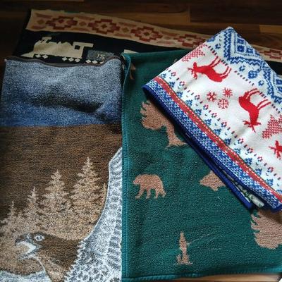4 Reversible Lodge & Cabin-Themed Throw Blankets – Southwestern Train, Moose, Eagle and Deer Patterns