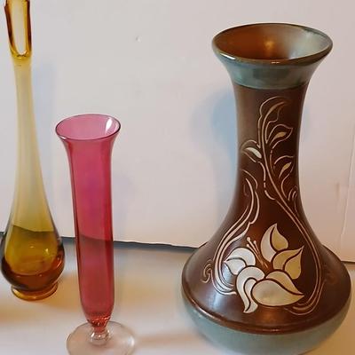 Vintage Vase Collection - Amber Swung glass vase = Pottery Craft USA Floral Vase and others